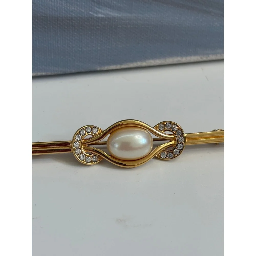Monet Vintage Gold Tone Faux Pearl Rhinestone Bar Brooch Pin Scroll Design
